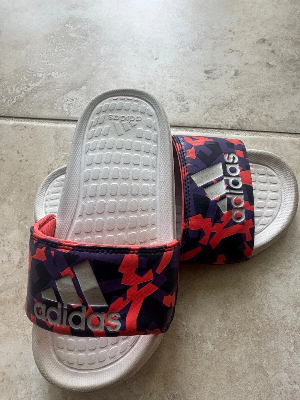 adidas Kids White Slides with Pink and Purple Geometric Strap